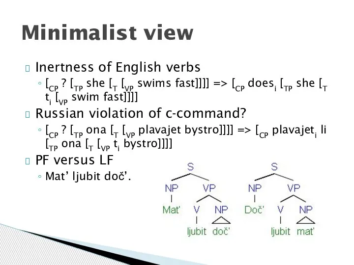 Inertness of English verbs [CP ? [TP she [T [VP swims fast]]]]