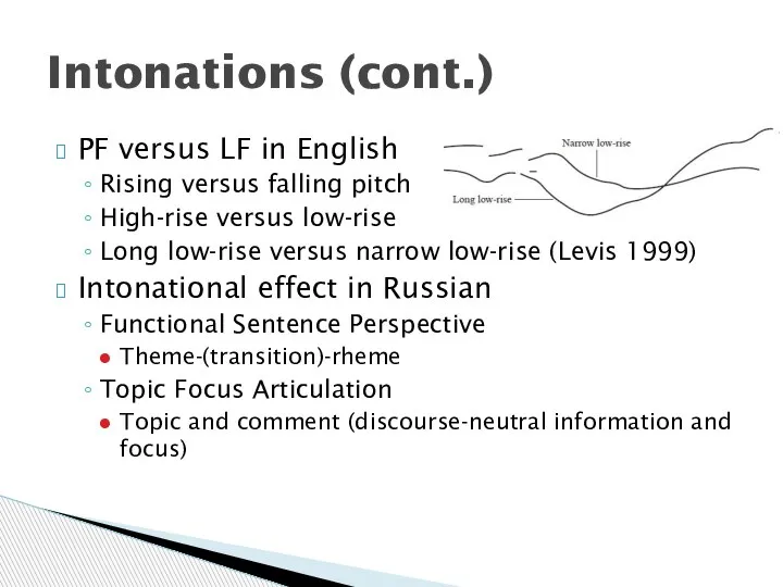 PF versus LF in English Rising versus falling pitch High-rise versus low-rise