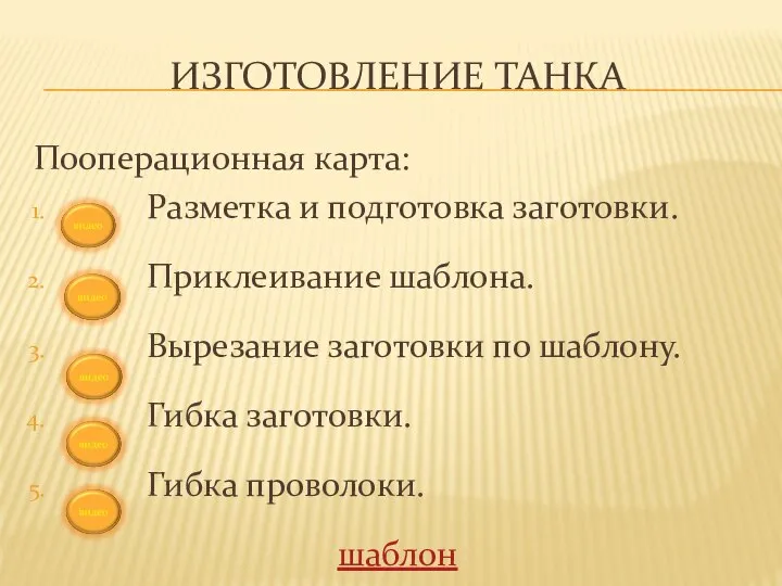 ИЗГОТОВЛЕНИЕ ТАНКА Пооперационная карта: Разметка и подготовка заготовки. Приклеивание шаблона. Вырезание заготовки