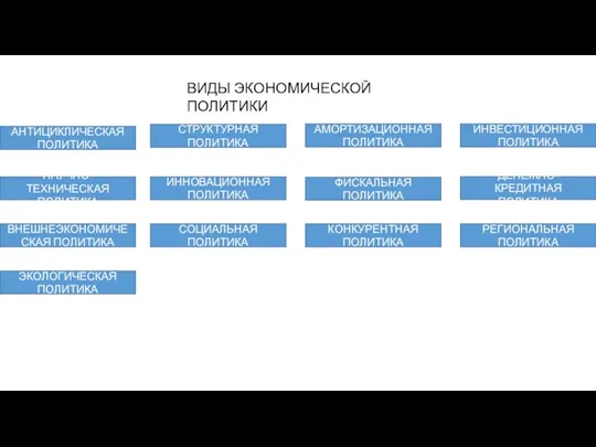 ВИДЫ ЭКОНОМИЧЕСКОЙ ПОЛИТИКИ АНТИЦИКЛИЧЕСКАЯ ПОЛИТИКА НАУЧНО-ТЕХНИЧЕСКАЯ ПОЛИТИКА ИНВЕСТИЦИОННАЯ ПОЛИТИКА АМОРТИЗАЦИОННАЯ ПОЛИТИКА СТРУКТУРНАЯ