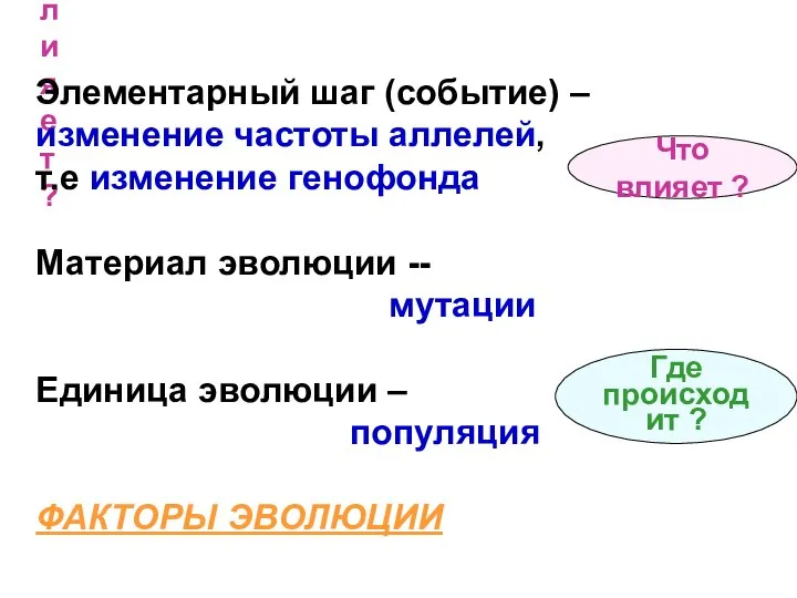 Что влияет ? Элементарный шаг (событие) – изменение частоты аллелей, т.е изменение