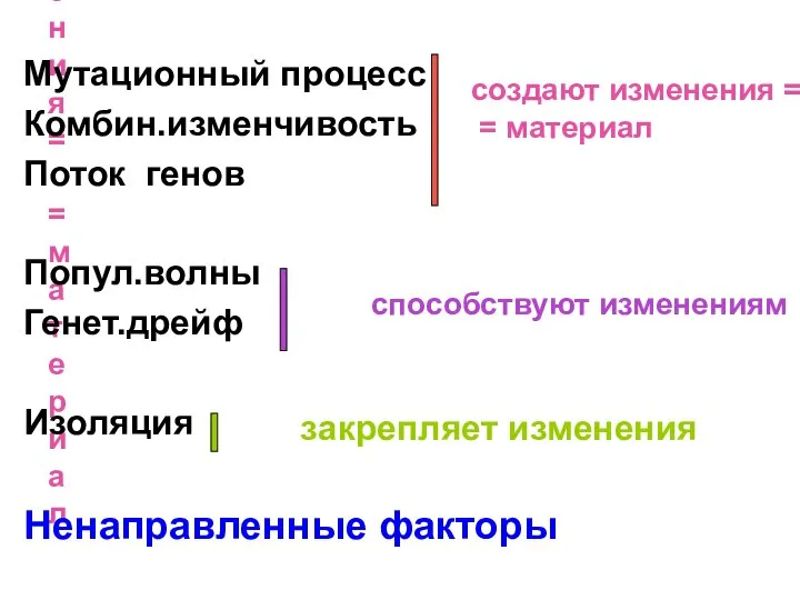 создают изменения = = материал Мутационный процесс Комбин.изменчивость Поток генов Попул.волны Генет.дрейф