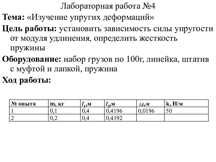 Лабораторная работа №4 Тема: «Изучение упругих деформаций» Цель работы: установить зависимость силы