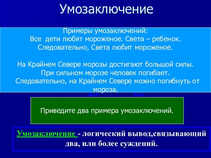 Умозаключение - логический вывод,связывающий два, или более суждений. Суждение 1 Умозаключение Примеры