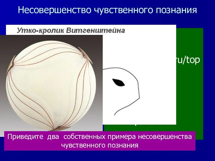 Несовершенство чувственного познания Ощущения обманчивы http://yarportal.ru/topic63458.html Ощущения субъективны Ощущения поверхностны Приведите два