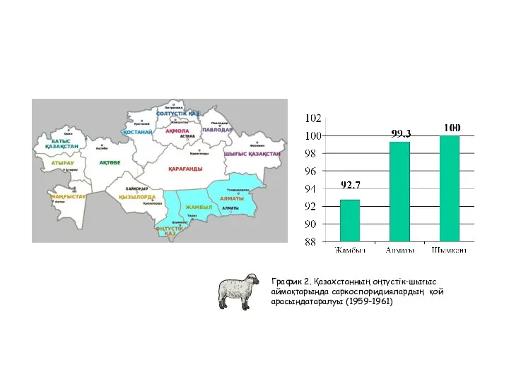 График 2. Қазахстанның оңтүстік-шығыс аймақтарында саркоспоридиялардың қой арасындатаралуы (1959-1961)