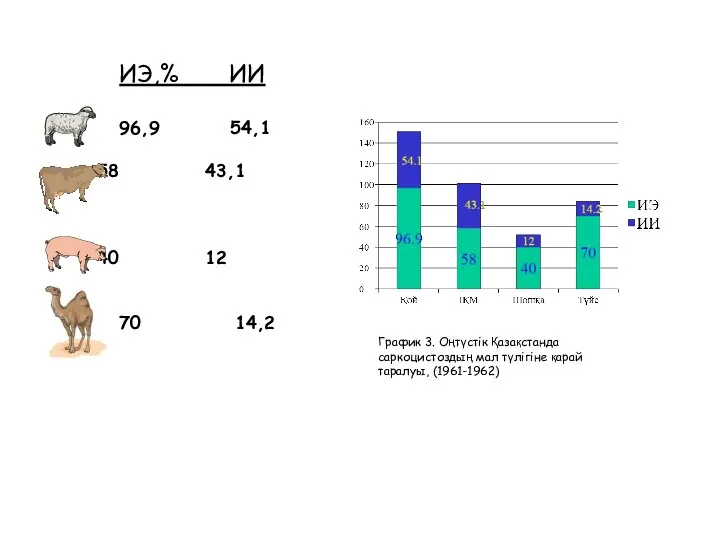 График 3. Оңтүстік Қазақстанда саркоцистоздың мал түлігіне қарай таралуы, (1961-1962) ИЭ,% ИИ