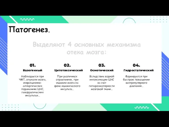 Выделяют 4 основных механизма отека мозга: Наблюдается при ЧМТ, опухоли мозга, инфекционно-аллергических