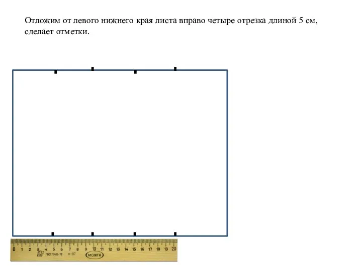 Отложим от левого нижнего края листа вправо четыре отрезка длиной 5 см, сделает отметки.