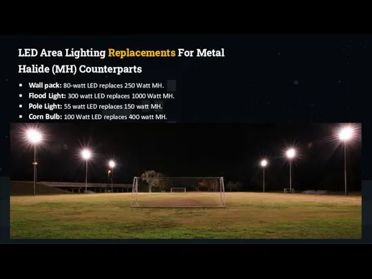 LED Area Lighting Replacements For Metal Halide (MH) Counterparts Wall pack: 80-watt