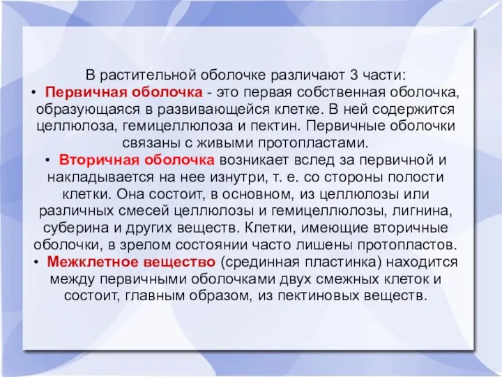 В растительной оболочке различают 3 части: • Первичная оболочка - это первая