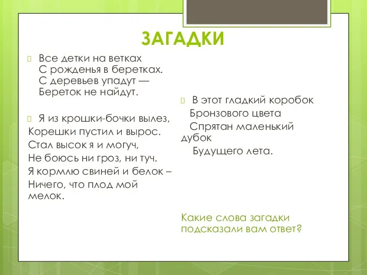 ЗАГАДКИ Все детки на ветках С рожденья в беретках. С деревьев упадут