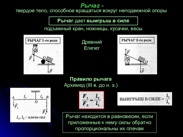 Рычаг - твердое тело, способное вращаться вокруг неподвижной опоры Рычаг дает выигрыш