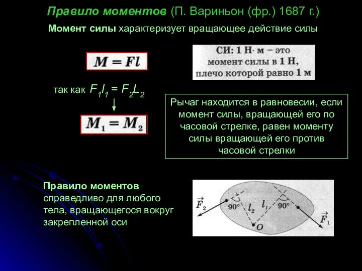 Правило моментов (П. Вариньон (фр.) 1687 г.) Момент силы характеризует вращающее действие