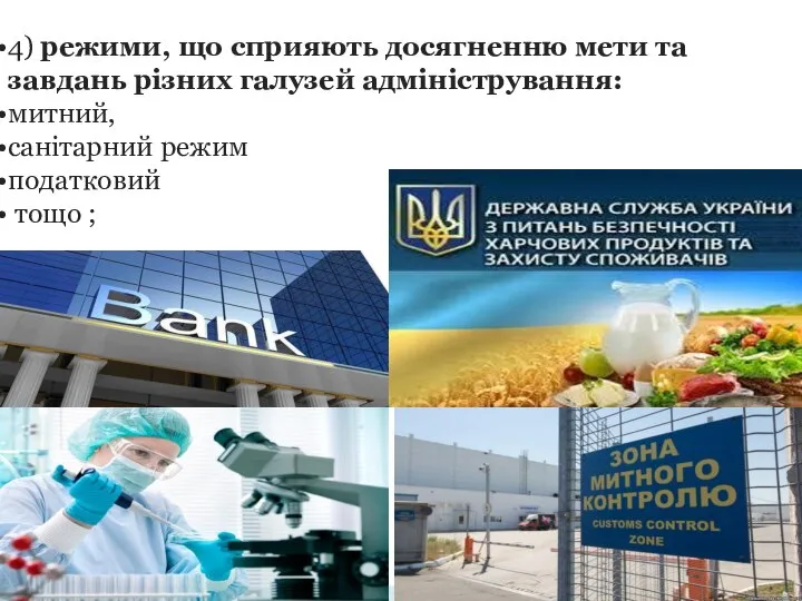 4) режими, що сприяють досягненню мети та завдань різних галузей адміністрування: митний,