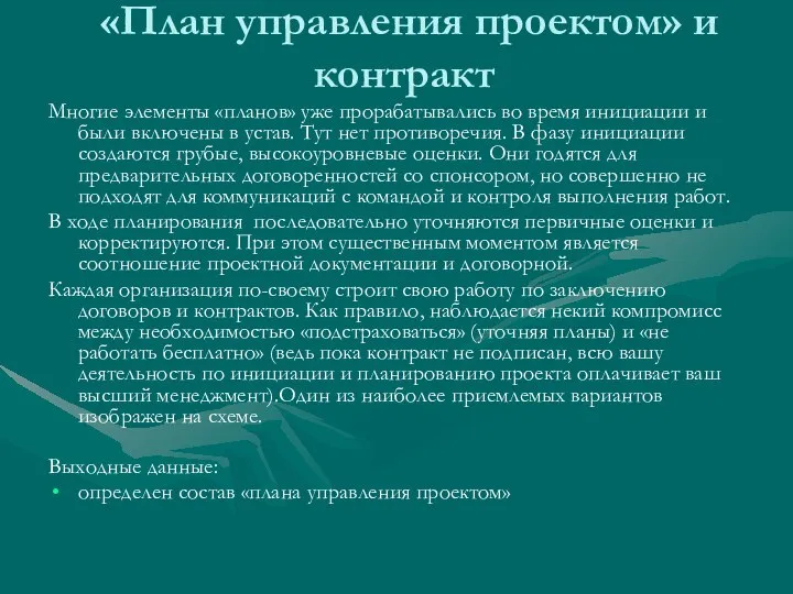 «План управления проектом» и контракт Многие элементы «планов» уже прорабатывались во время