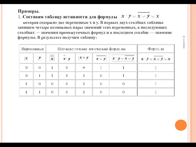 17.11.2020 Примеры. 1. Составим таблицу истинности для формулы которая содержит две переменные