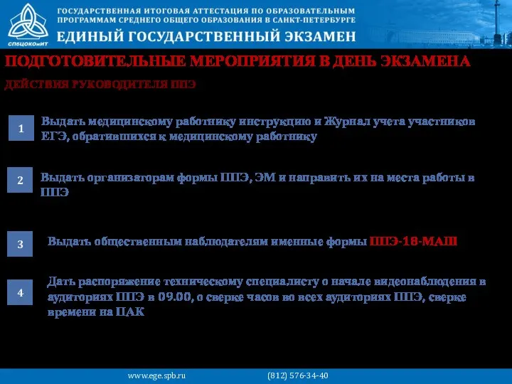 ПОДГОТОВИТЕЛЬНЫЕ МЕРОПРИЯТИЯ В ДЕНЬ ЭКЗАМЕНА Выдать медицинскому работнику инструкцию и Журнал учета