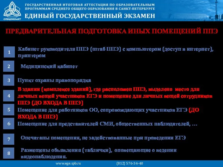 ПРЕДВАРИТЕЛЬНАЯ ПОДГОТОВКА ИНЫХ ПОМЕЩЕНИЙ ППЭ Кабинет руководителя ППЭ (штаб ППЭ) с компьютером