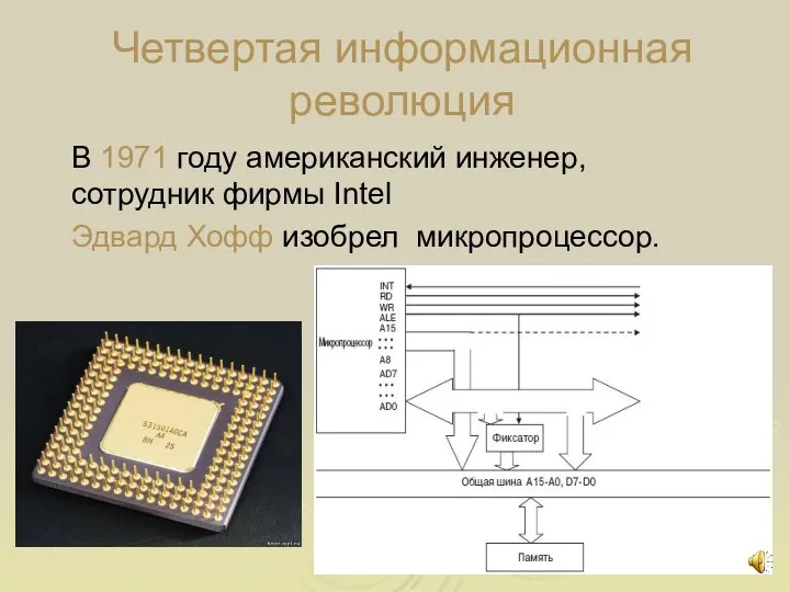 Четвертая информационная революция В 1971 году американский инженер, сотрудник фирмы Intel Эдвард Хофф изобрел микропроцессор.