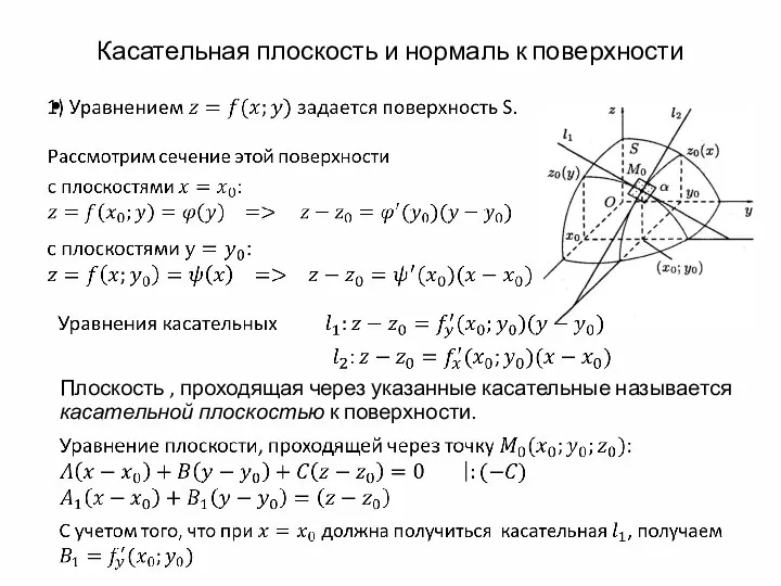 Касательная плоскость и нормаль к поверхности Плоскость , проходящая через указанные касательные