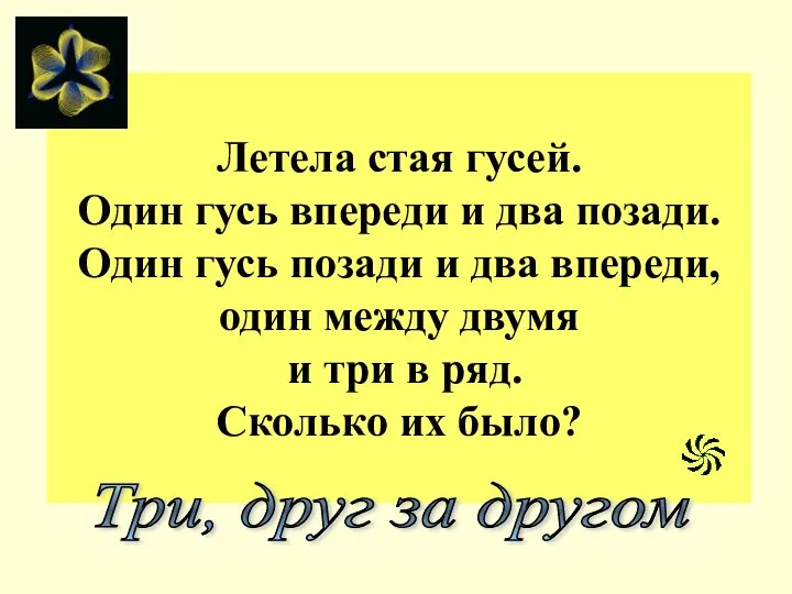 Летела стая гусей. Один гусь впереди и два позади. Один гусь позади