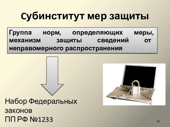 Cубинститут мер защиты Группа норм, определяющих меры, механизм защиты сведений от неправомерного