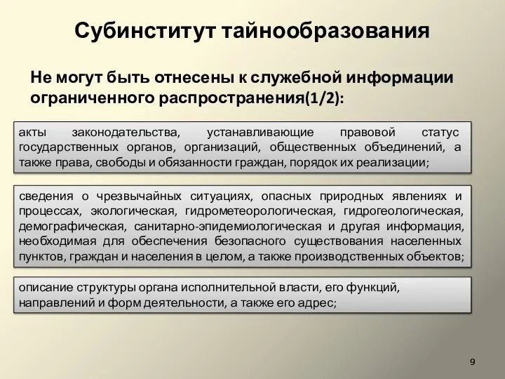 Субинститут тайнообразования Не могут быть отнесены к служебной информации ограниченного распространения(1/2): акты