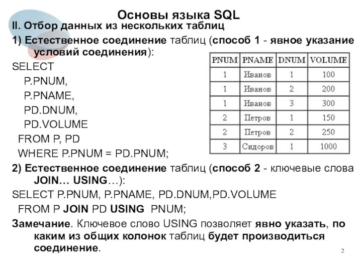 II. Отбор данных из нескольких таблиц 1) Естественное соединение таблиц (способ 1