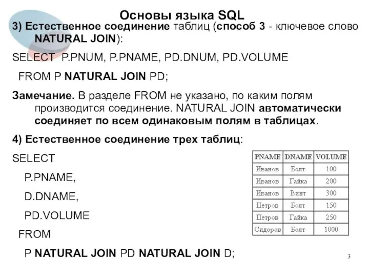 3) Естественное соединение таблиц (способ 3 - ключевое слово NATURAL JOIN): SELECT