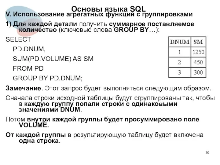 V. Использование агрегатных функций с группировками 1) Для каждой детали получить суммарное