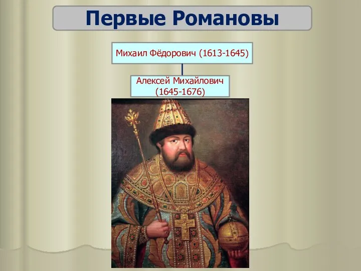 Первые Романовы Михаил Фёдорович (1613-1645) Алексей Михайлович (1645-1676)