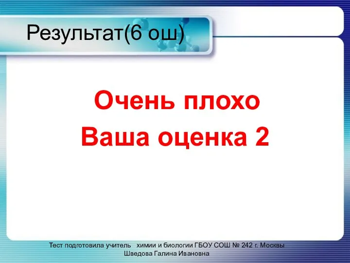 Результат(6 ош) Очень плохо Ваша оценка 2 Тест подготовила учитель химии и