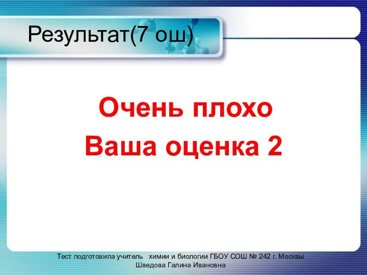 Результат(7 ош) Очень плохо Ваша оценка 2 Тест подготовила учитель химии и