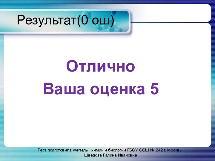 Результат(0 ош) Отлично Ваша оценка 5 Тест подготовила учитель химии и биологии