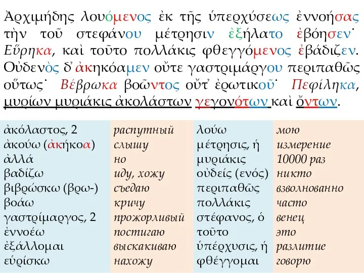 Ἀρχιμήδης λουόμενος ἐκ τῆς ὑπερχύσεως ἐννοήσας τὴν τοῦ στεφάνου μέτρησιν ἐξήλατο ἐβόησεν˙