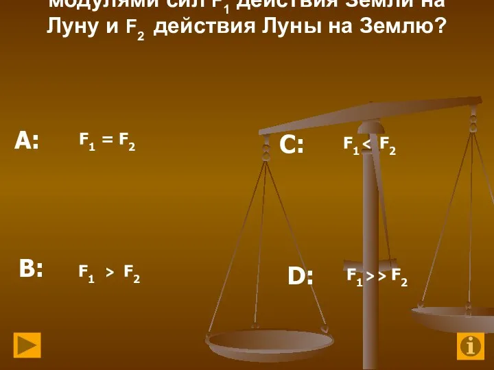 6. Каково соотношение между модулями сил F1 действия Земли на Луну и