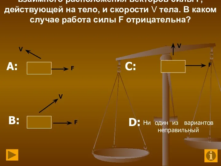 7. На рисунке представлены три варианта взаимного расположения векторов силы F, действующей