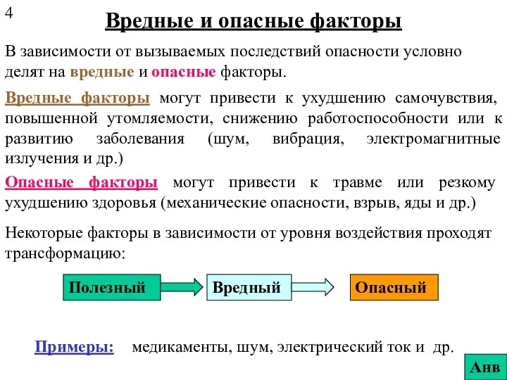 Вредные и опасные факторы В зависимости от вызываемых последствий опасности условно делят