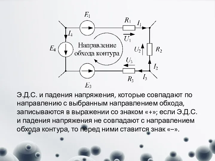 Э.Д.С. и падения напряжения, которые совпадают по направлению с выбранным направлением обхода,