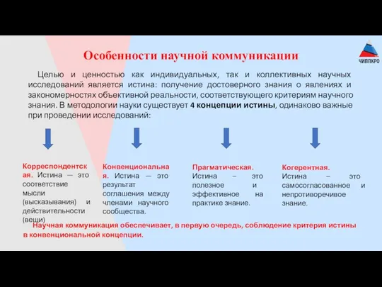 Особенности научной коммуникации Целью и ценностью как индивидуальных, так и коллективных научных