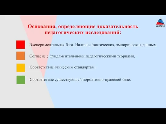 Основания, определяющие доказательность педагогических исследований: Экспериментальная база. Наличие фактических, эмпирических данных. Согласие