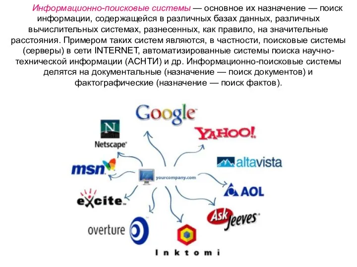 Информационно-поисковые системы — основное их назначение — поиск информации, содержащейся в различных