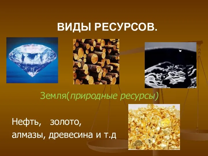 ВИДЫ РЕСУРСОВ. Земля(природные ресурсы) Нефть, золото, алмазы, древесина и т.д