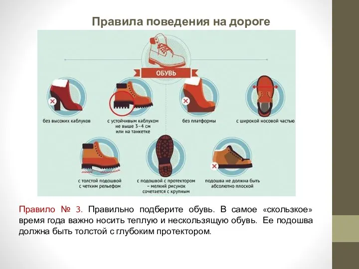 Правила поведения на дороге зимой Правило № 3. Правильно подберите обувь. В