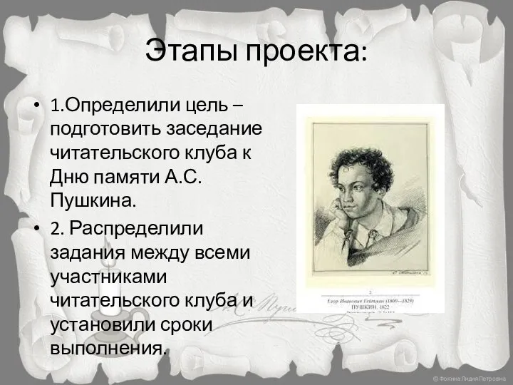 Этапы проекта: 1.Определили цель – подготовить заседание читательского клуба к Дню памяти