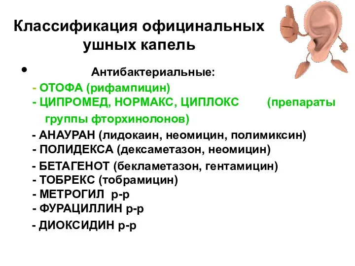 Классификация официнальных ушных капель Антибактериальные: - ОТОФА (рифампицин) - ЦИПРОМЕД, НОРМАКС, ЦИПЛОКС