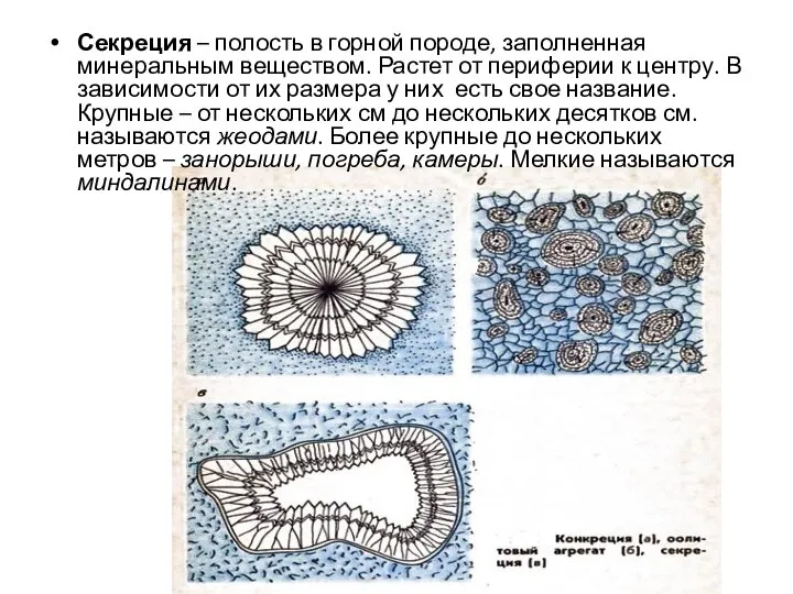 Секреция – полость в горной породе, заполненная минеральным веществом. Растет от периферии