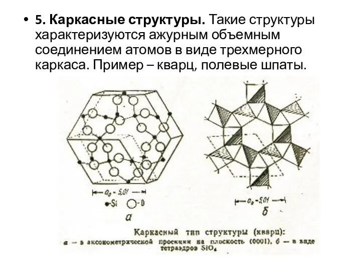 5. Каркасные структуры. Такие структуры характеризуются ажурным объемным соединением атомов в виде