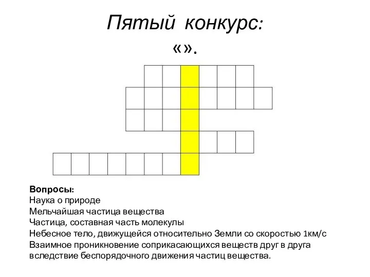 Пятый конкурс: «». Вопросы: Наука о природе Мельчайшая частица вещества Частица, составная